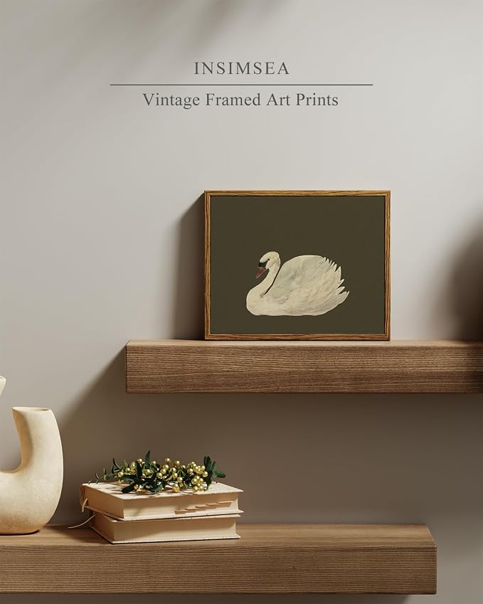 InSimSea Swan Frame Vintage Wall Art, Oil Painting Canvas Print, Grey-Green Background, Bedroom, Living Room, Bathroom, Office Mix-and-Match Art, 8x10 in