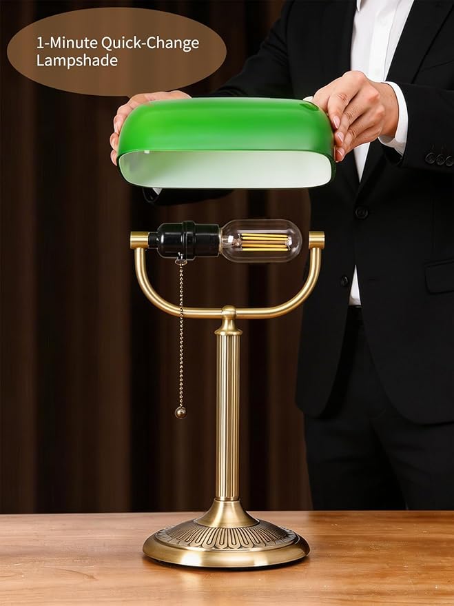 1-Minute Quick-Change Shade Classic Green Glass Bankers Desk Lamp for Study, Office, Library, LED Bulb Included
