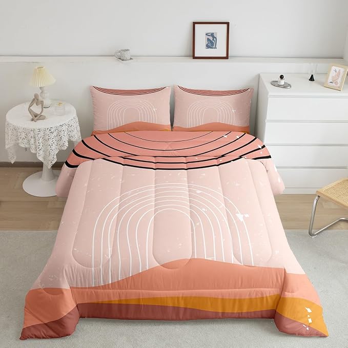 Erosebridal Pink Aesthetic Comforter Twin Girly Minimalist Bedding Set for Girls Women, Modern Down Comforter Mid Century Bed Set, Boho Abstract Art Quilted Duvet Microfiber