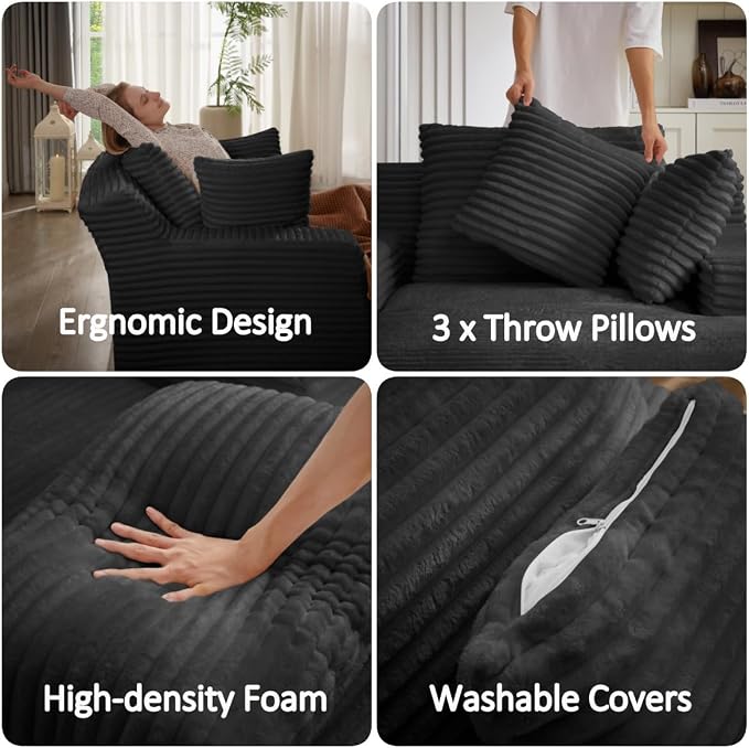 50" Oversized Chaise Lounge Chair Indoor, Corduroy Sleeper Sofa Bed with 3 Pillows & Armrests, Spring Cushion Lazy Chair for Living Room Apartment, Black