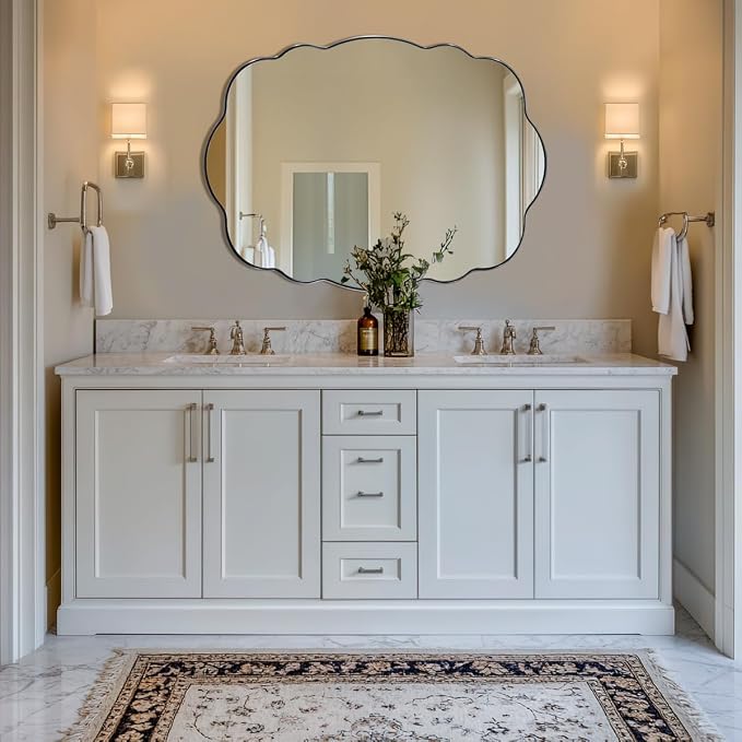 ANDY STAR Chrome Wavy Oval Bathroom Mirror - 30x40 Inch Polished Scalloped Bathroom Mirror, Unique Irregular Design with Heavy Duty SUS Metal Frame