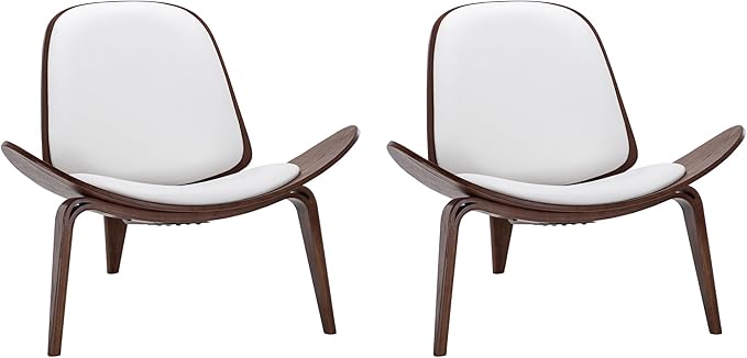 BELLEZE Shell Chairs Set of 2, Armless Mid Century Modern Accent Chairs Faux Leather Shell Lounge Chairs for Living Room Bedroom Office, Tripod Side Chairs with Padded Seat, Solid Wood- Avalon (White)