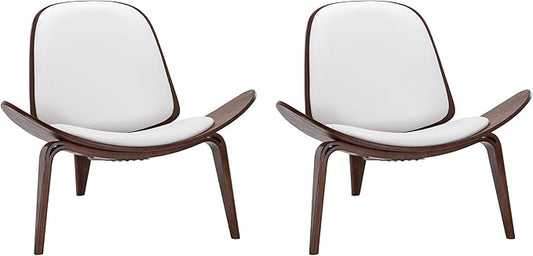 BELLEZE Shell Chairs Set of 2, Armless Mid Century Modern Accent Chairs Faux Leather Shell Lounge Chairs for Living Room Bedroom Office, Tripod Side Chairs with Padded Seat, Solid Wood- Avalon (White)