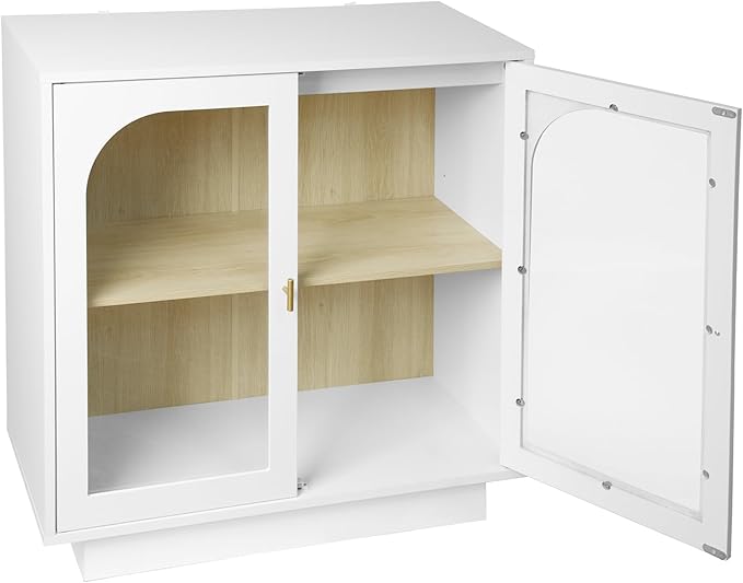 Sideboard Buffet Cabinet with Storage - Accent Storage Cabinet Modern Furniture, 2 Door Glass Cabinet with Adjustable Shelf, Wood Credenza for Living Room, Entryway, Dining Room, Kitchen(White)