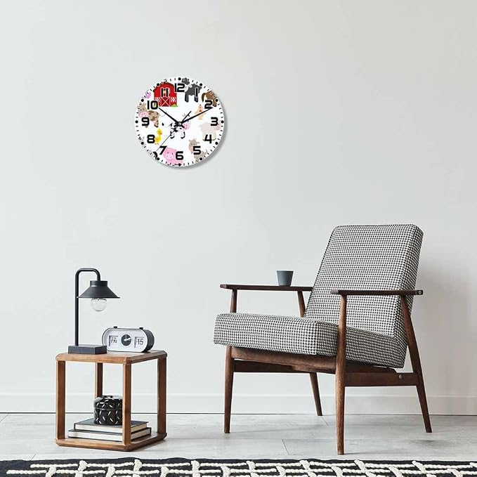 Farm Animals and Barn Wall Clock Pigs Rabbits Goats Chickens Battery Powered Wall Clock Silent Non Ticking 10 Inch for Living Room, Kitchen, Home,Bathroom, Bedroom