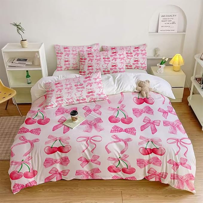 Pink Bows Bowknot Duvet Cover Queen Size,Kids Girls Super Soft Microfiber Bedding Set for Adults Teens Pink Cherry Bow Bedding Set Coquette Room Decor Girly Bedroom Decor Bow Decor 88"x88"