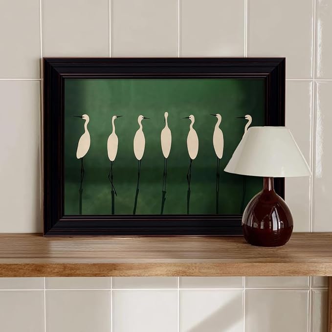 Japanese Cranes Wall Art 08x10 inch Vintage Framed Retro Bird Animal Canvas Poster Nature Minimalist Green Home Prints for Living Room Bedroom Office Decor