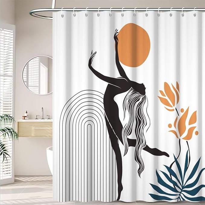 Boho Shower Curtain for Bathroom Female Dancer Holds The Sun Leaf Abstract Floral Shower Curtains Modern Minimalist Bathroom Decor Machine Washable Waterproof Polyester Fabric with Hooks 72x78 Inch