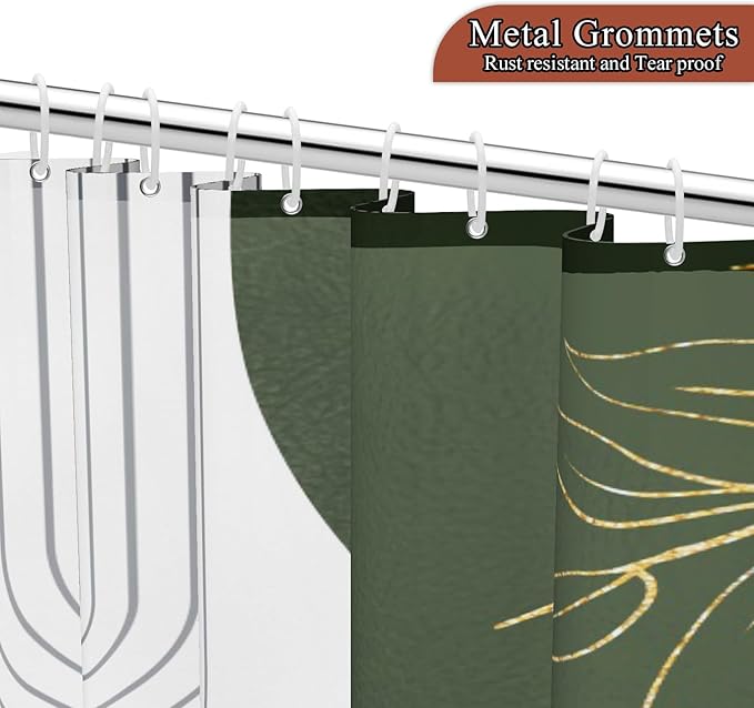 Mid Century Boho Shower Curtain, Abstract Modern Sun Minimalist Aesthetic Shower Curtain, Bohemian Geometric Arch Curve Leaves Neutral Art Fabric Bathroom Curtain Sage Green 72x72 inch