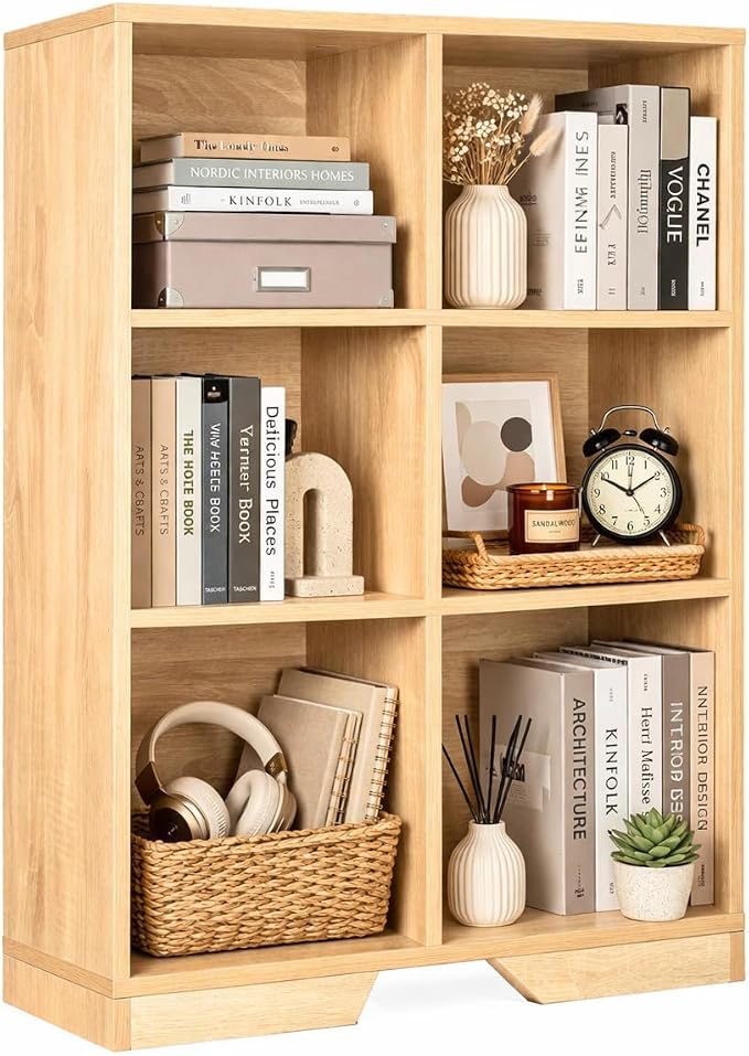 6 Cube Storage Organizer Wooden Bookshelf, Cube Shelf Bookcase, Small Bookshelf Storage Organizer, Narrow Cube Storage Shelf for Bedroom, Small Bookshelf for Living Room and Office (Natural, 6 Cube)