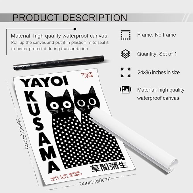 EOLRCIG Black and White Cute Abstract Cat Wall Art Japanese Yayoi Kusama Canvas Poster Modern Fashion Minimalist Painting for Living Room Wall Decor 24X36 inch Unframed Cat Lover Gifts