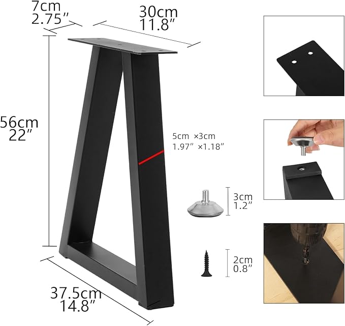 22 Inch Metal Desk Table Legs, Trapezoid Metal Coffee Table Legs,Heavy Duty Industrial Dinning Desk Leg with Adjustment Feet Pads (Bear Up to 800lb)