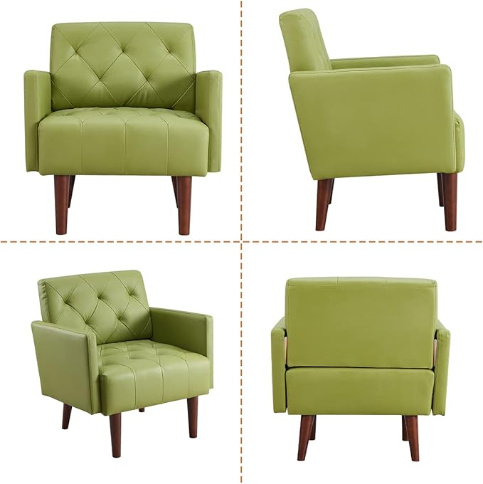 Faux Leather Accent Chair, Modern Retro Arm Chair for Living Room and Bedroom Tufted Upholstered Sofa Club Chair Comfy Armchair for Small Spaces Bedroom Office (Olive)