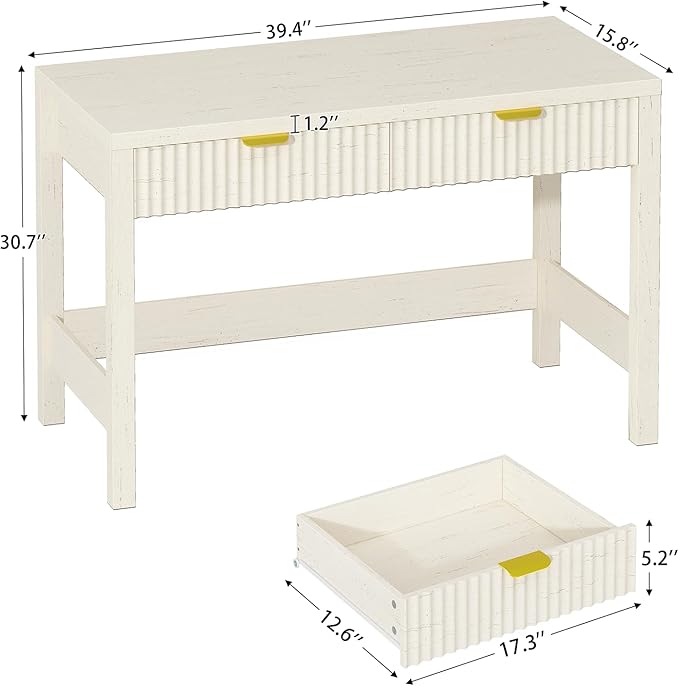 YOMILUVE Fluted Computer Desk with 2 Drawers, 39 Inch Small Computer Desk with Storage, Compact Writing Study Vanity Desk for Small Spaces, White