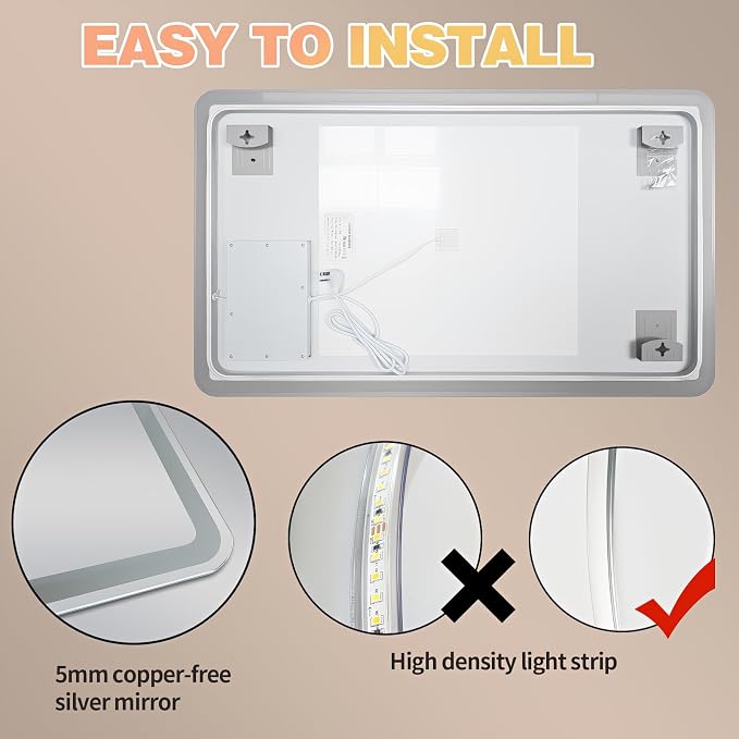 Niccy 24"x36" LED Bathroom Mirror, Rectangle Vanity Mirrors with Lights, Frontlit & Backlit Lighted Vanity Mirror, Memory Funtion, 3 Colors & Stepless Dimmable, Anti-Fog, Horizontal/Vertical