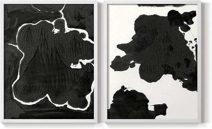 Renditions Gallery Set of 2 Peel & Stick Framed Prints, Fluid Abstract Wall Art, Black and White Inkblot Wall Decor, Re-Stickable - Ready to Hang - 8"x10" - White Frame LT588