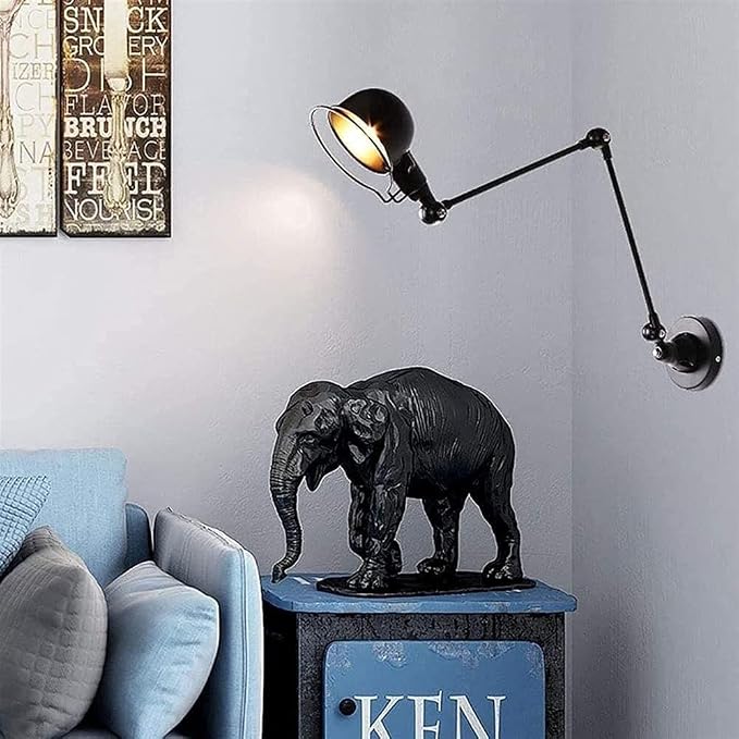 Retro Extendable Wall Lighting Fixture Swing Arm Long Wall Sconces with Adjustable Head Rotated Lamp Arm Reading Light for Study Bedroom Bedside Lamp