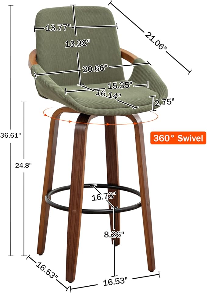 LUNLING 25.6" Counter Height Barstools Set of 2 Mid Century Modern Retro Bar Chairs Green Modern Corduroy Fabric Upholstered and Walnut Wood Frame for Home Bar Furniture,Green