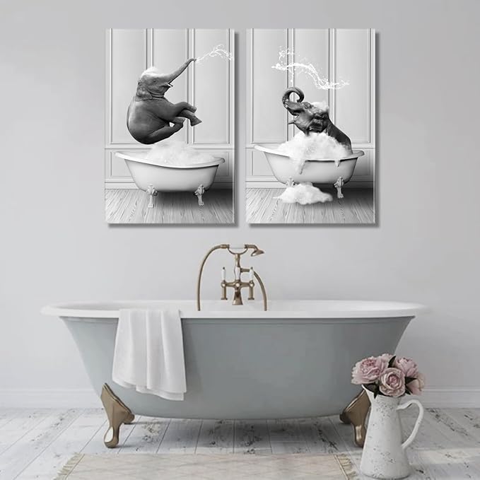 Framed Bathroom Wall Art Funny Kids Bathroom Decor Black and White Canvas Wall Art Pictures Elephant Bathing Animals Abstract Prints for Bedroom Poster 16x24x2Inch Ready to Hang