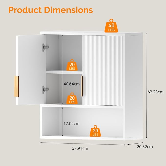 VINGLI White Bathroom Wall Cabinet, Modern Fluted Medicine Cabinet with Gold Handles, Wall Mounted Storage Over Toilet with Adjustable Shelf, Soft Close Hanging Organizer for Kitchen, Laundry Room
