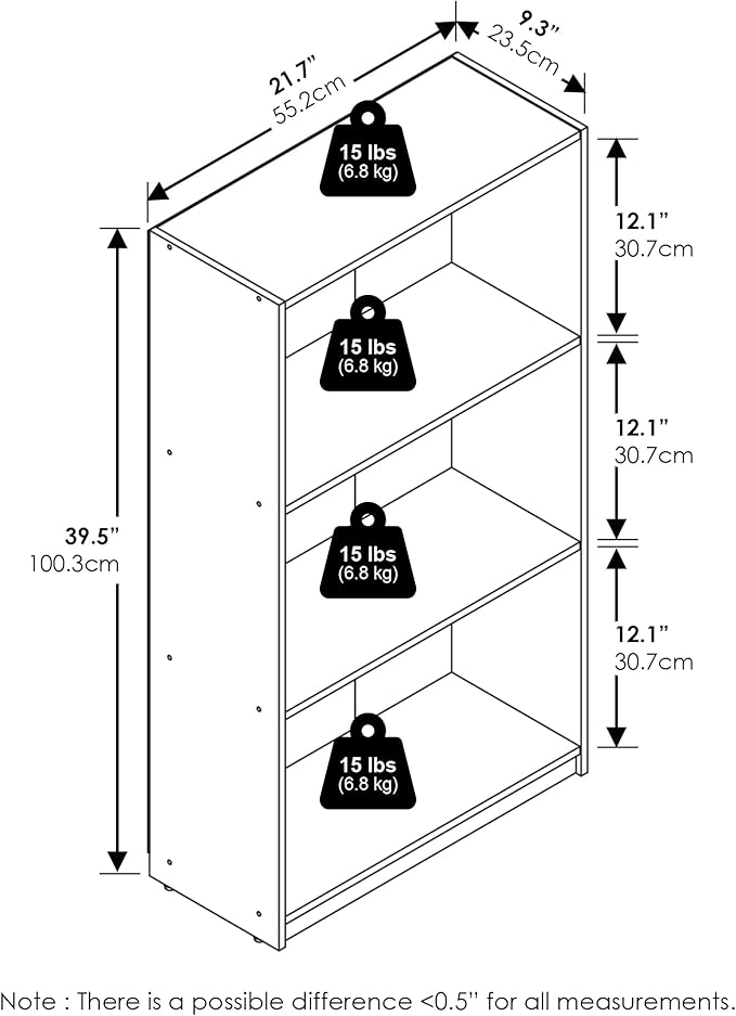 Furinno Basic Book Shelf, 3-Tier Modern Bookshelf, Bookcase with Open Shelves, 9.3 x 21.8 x 39.5, for Living Room, Bedroom, Home Office, White