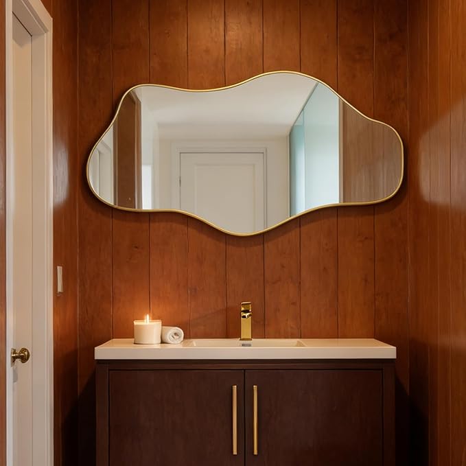 Gold Irregular Wall Mirror, 35.8"x17.7" Asymmetrical Tempered Glass Mirror Decorative, Modern Abstract Frameless Cloud Mirrors for Living Room Bathroom Bedroom Entryway, Horizontal or Vertical Hanging