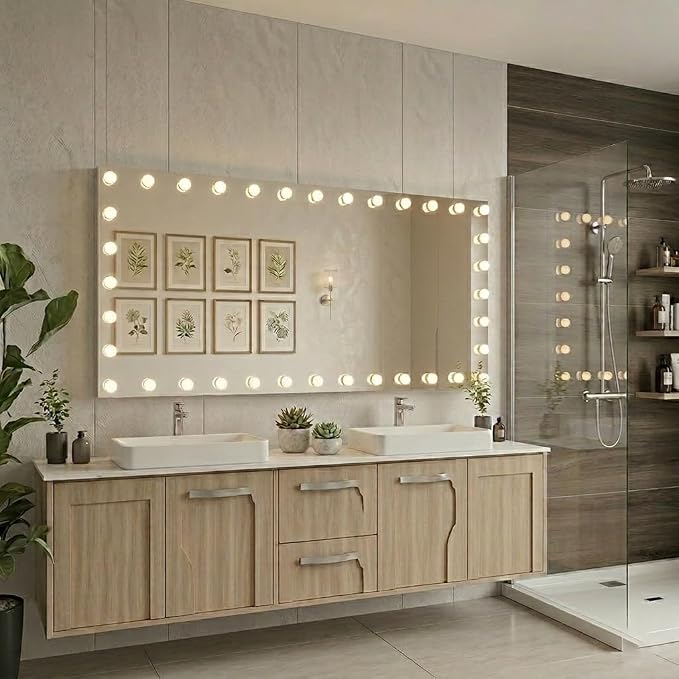 WTTY 72"x36" Hollywood Vanity Mirror with Lights, Wall-Mounted Makeup Mirror with 3 Color Temperatures, Stepless Dimmable Bulbs, Anti-Fog & Shatter-Proof