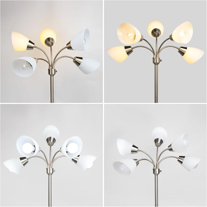 FIRVRE Multi Arm Floor Lamp Standing Lamp, Reading Floor Light with Adjustable Arms 5 Head PVC Lampshade,Sand Nickel Modern Tall Metal Lamps,Floor Lamp for Living Room, Bedroom,Dining Room