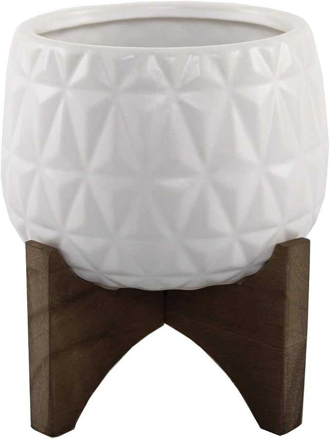 Flora Bunda 5 Inch Kaleid Ceramic on Wood Stand Mid Century,Matte White 5"