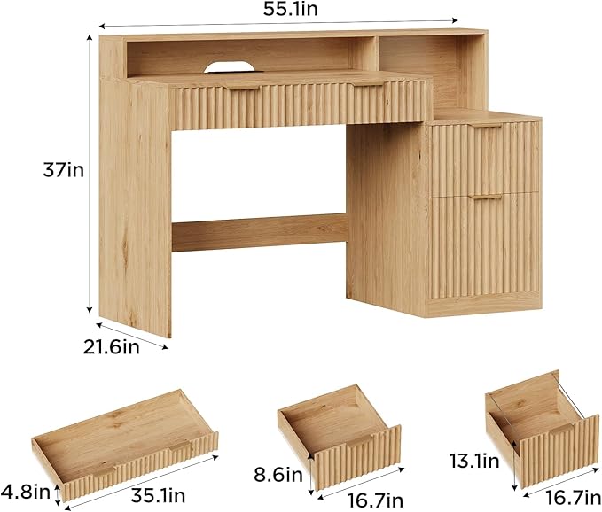 Vabches Fluted Computer Desk with Power Outlets, Home Office Desk with Drawers, Printer Stand, Wood Computer Desk with Long Monitor Stand, Oak