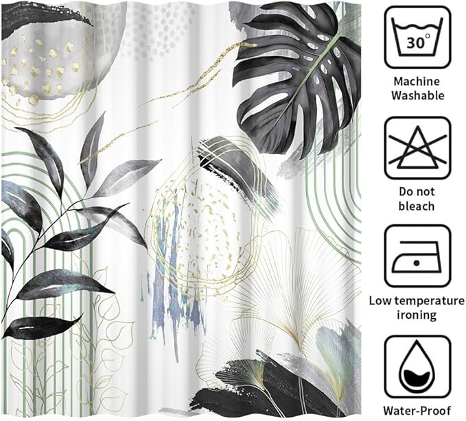 Mid Century Boho Shower Curtain Gray Tropical Palm Leaf Retro Abstract Minimalist Aesthetic Bathroom Decor Watercolor Plant Bathtub Curtains Washable Waterproof Polyester Fabric with Hooks 70x72 Inch