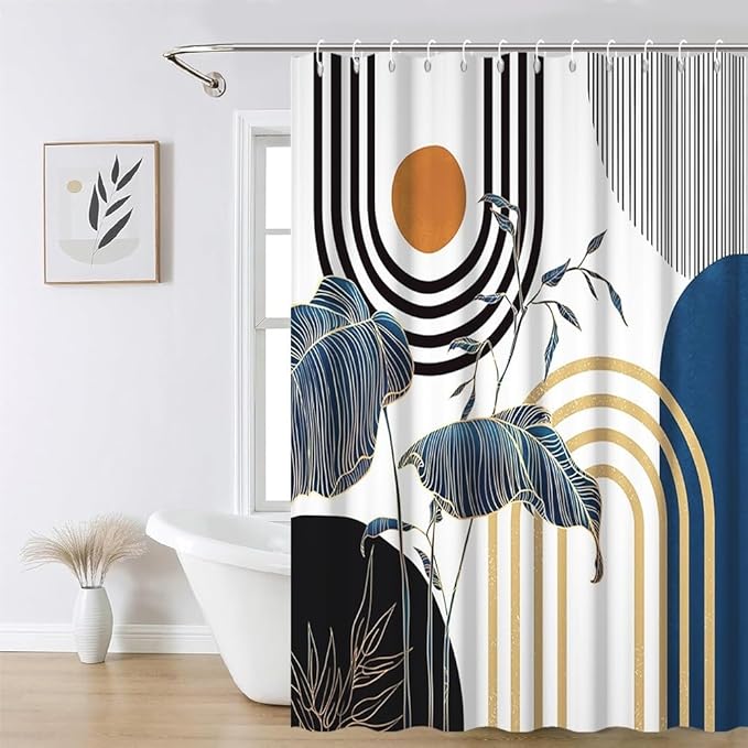 Mid Century Boho Shower Curtain for Bathroom Modern Abstract Minimalist Bathroom Decor Set Blue Gold Leaf Sun Arch Bathtub Curtains Machine Washable Waterproof Polyester Fabric with Hooks 72x78 Inch
