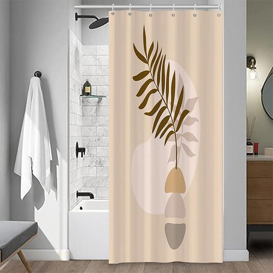 Abstract Bohemian Bathroom Shower Curtain - Eucalyptus Leaves Boho Beige With Hooks, Waterproof Fabric Polyester for Modern Aesthetics Home Decorative, 36x72 Inch