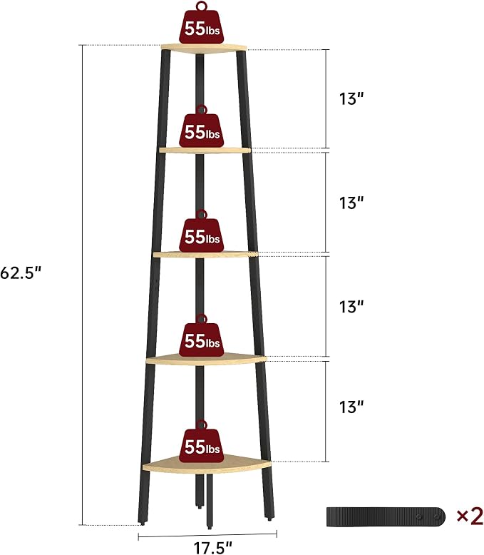 Corner Shelf, 5 Tier Ladder Corner Bookshelf, Display and Bookshelf Stand Unit, Anti Tip Feature, Space Saving, Ideal for Plants, Books, Living Room, Bedroom, Natural Oak