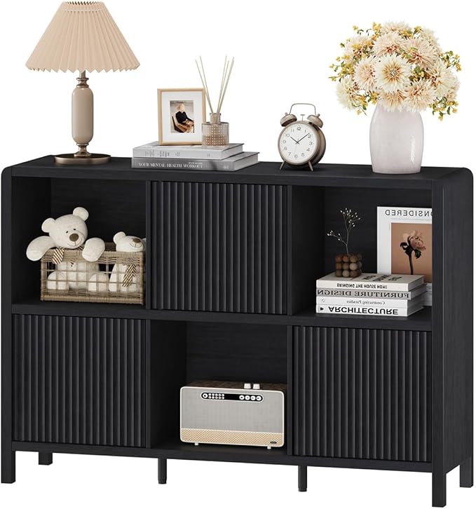 FATORRI 6 Cube Storage Organizer, Horizontal Bookcase with 3 Doors, Low Wood Bookshelf for Home Office, Bedroom, Living Room (Black)