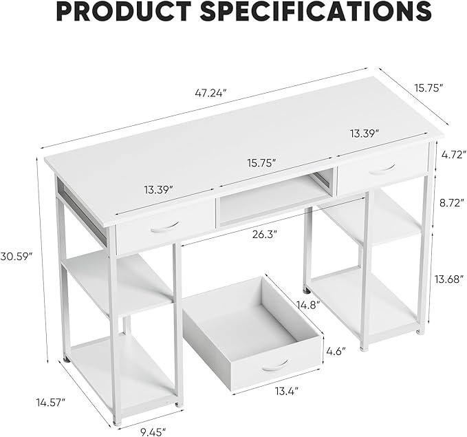 DUMOS 48" Small Computer Home Office Desk for Bedroom with Drawers, Gaming Writing Study Table with Storage Shelf, Adjustable Feet, Compact Desk for Gaming and Home Office Use, Metal Frame White