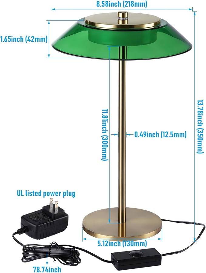 TORCHSTAR Green Glass Desk Lamps with Antique Brass Body, 330LM 3-Step Dimmable, 100-240V Integrated LED Table Lamp for Bedside Living Room, ETL&UL Listed, 3000K Warm White
