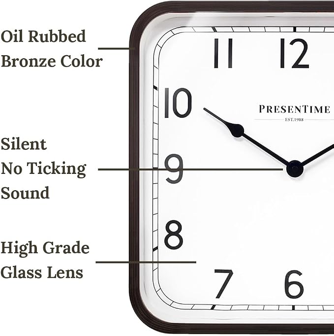 Presentime & Co. 16" Anton Modern Farmhouse Square Clock, Silent No Ticking, Wall Art and Timepiece for Home Decoration/Wall Décor, Oil Rubbed Bronze Color