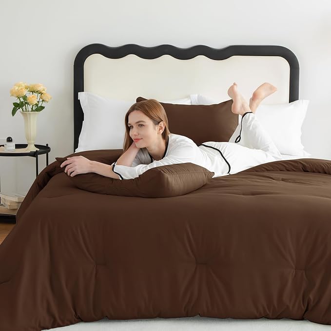 CozyLux Oversized Queen Comforter Set Brown, 3 Pieces 98"x98" Lightweight Down Alternative Quilted Bedding Sets, All Season Soft Breathable Solid Comforter with 2 Pillowcases, Bed Set Gift for Home