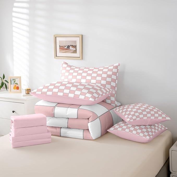 Erosebridal White Pink Plaid Queen Comforter Set with Sheets 7 Piece Light Pink Checkerboard Bedding Set for Kids Girls Teen,Checkered Grid Bed in A Bag Modern Aesthetic Geometric Bed Set