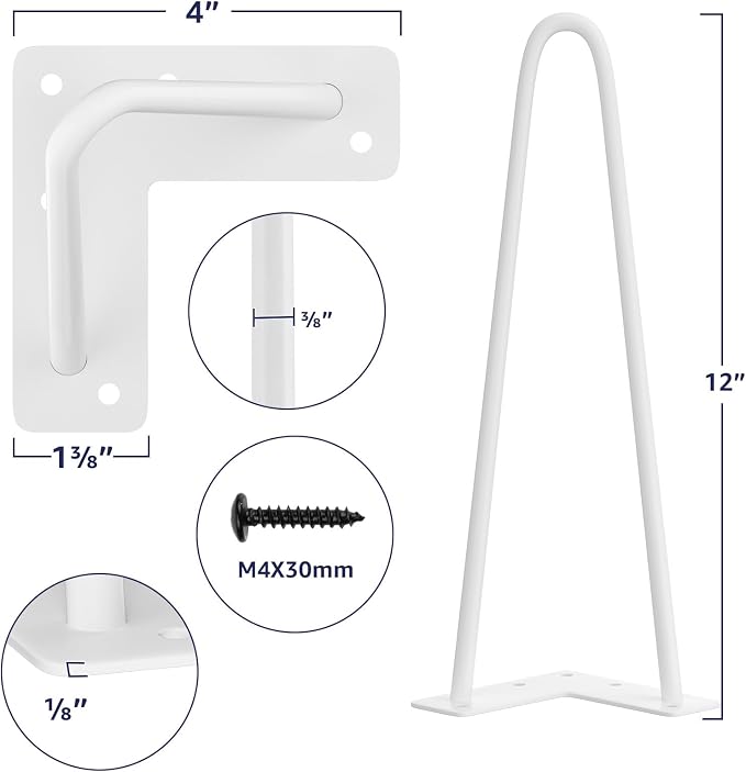 SMARTSTANDARD 12 Inch Heavy Duty Hairpin Furniture Legs, Metal Home DIY Projects for TV Stand, Sofa, Cabinet, etc with Rubber Floor Protectors White 4PCS