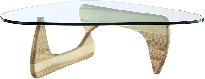 EMODERN FURNITURE - Mid-Century Modern Style Coffee Table Glass Top Hardwood Base (Natural)