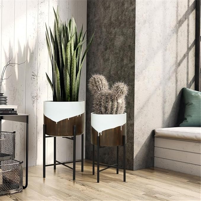 LuxenHome Modern Planter Pots, Set of 2 Planters for Indoor Plants, White and Brown Large Planters with Black Metal Stand, Flower Pots for Living Room, Office, Garden or Balcony, 10.25 & 12.5 Inch