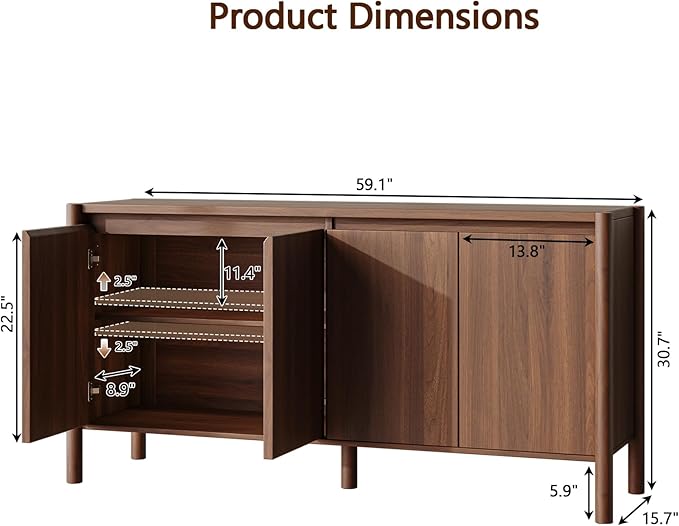 59" Wide Walnut Buffet Cabinet Storage,4 Doors and Adjustable Shelves,Solid Wood Round Legs,Wood Mid Century Sideboard for Kitchen,Living Room,Coffee Bar.