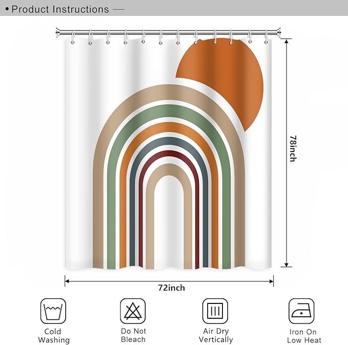 Mid Century Bohemian Bathroom Shower Curtain Colorful Stripes Arch Orange Sun Boho Shower Curtain with Hooks Waterproof Fabric Polyester Shower Curtain Aesthetics Home Decor, 72x78 Inch