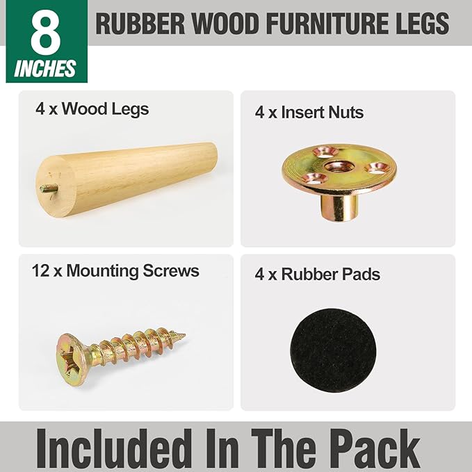 FoDau770 Rubber Wood Furniture Legs 8 Inches, Slant Tapered Wood Feet Mid Century Sofa Legs Set of 4, 5/16" UNC Furniture Feet Replacement Parts for Cabinet Couch Dresser Chair Ottoman Table