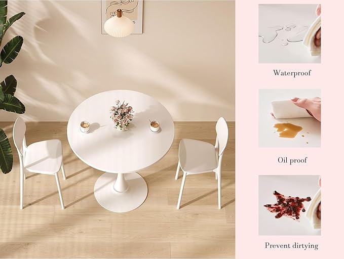 23.6 Inch Small White Round Dining Table for 2-4 Person, Mid-Century White Tulip Table with MDF Tabletop and Pedestal Base for Small Space Kitchen Dining Room