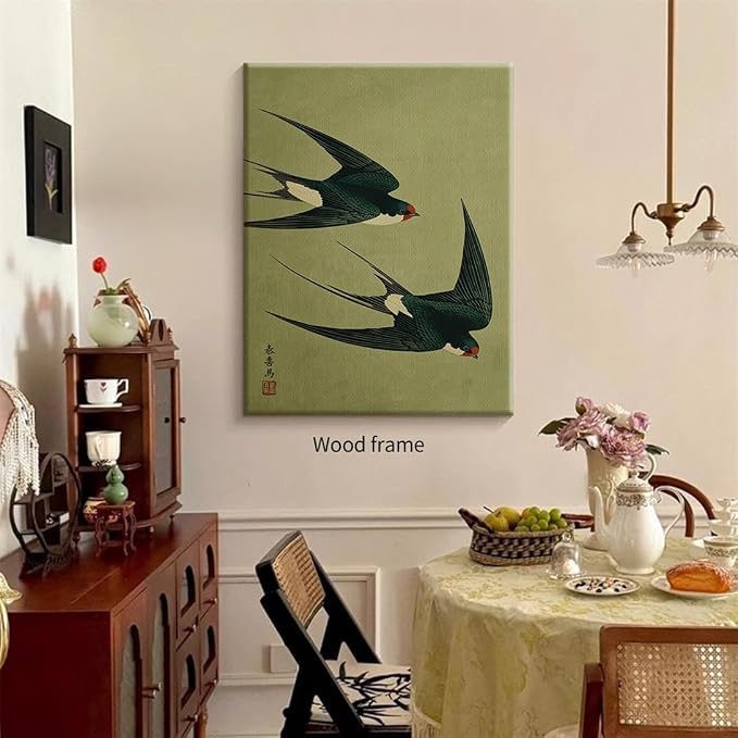Wrapped Framed Japanese Flying Swallow Wall Art Asian Japandi Bird Animal Poster Nature Vintage Green Canvas Prints for Living Room Bedroom Home Decor 20x30 inch