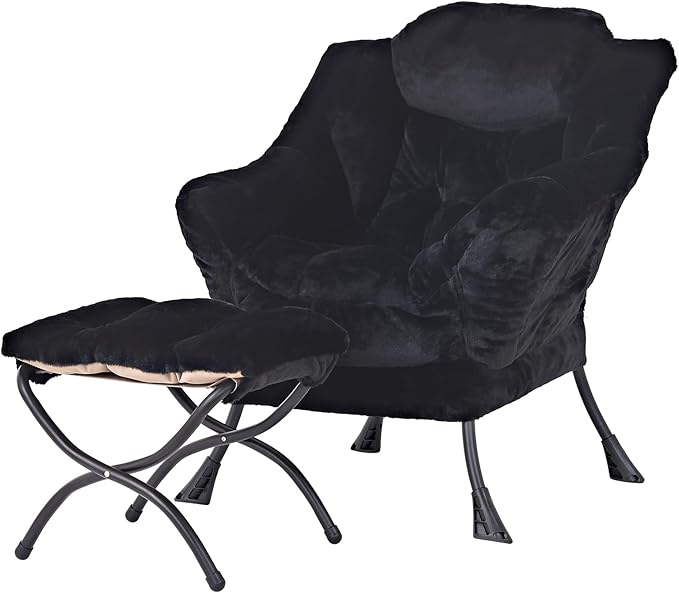 Tiita Lazy Chair with Ottoman, Black Modern Large Accent Chair, Comfy Leisure Sofa Armchair with Ottoman, Reading Chair with Footrest for Bedroom, Living Room, Dorm Rooms, Plush Black