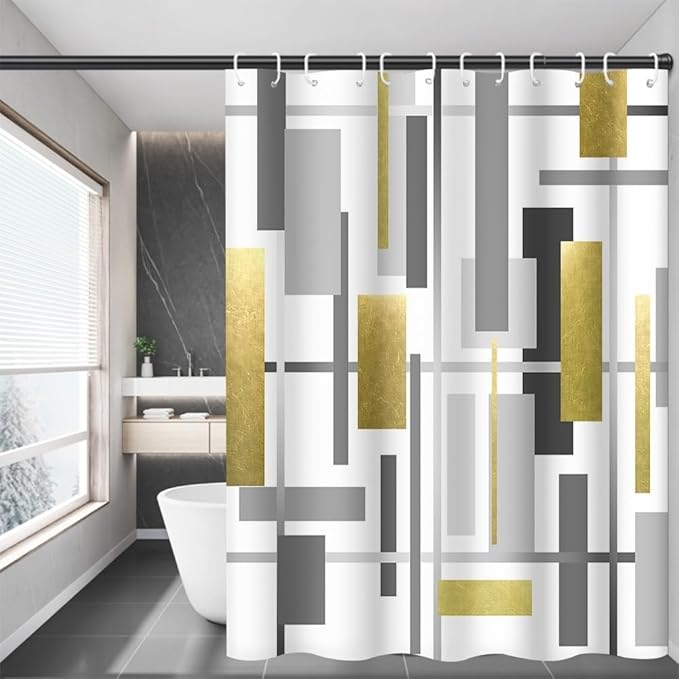 Abstract Geometric Shower Curtain Modern Gold and Grey Rectangle Space Pattern Design for Minimalist Bathroom Decor Accessories Shower Curtain Set with 8 Hooks, 48x72 Inches